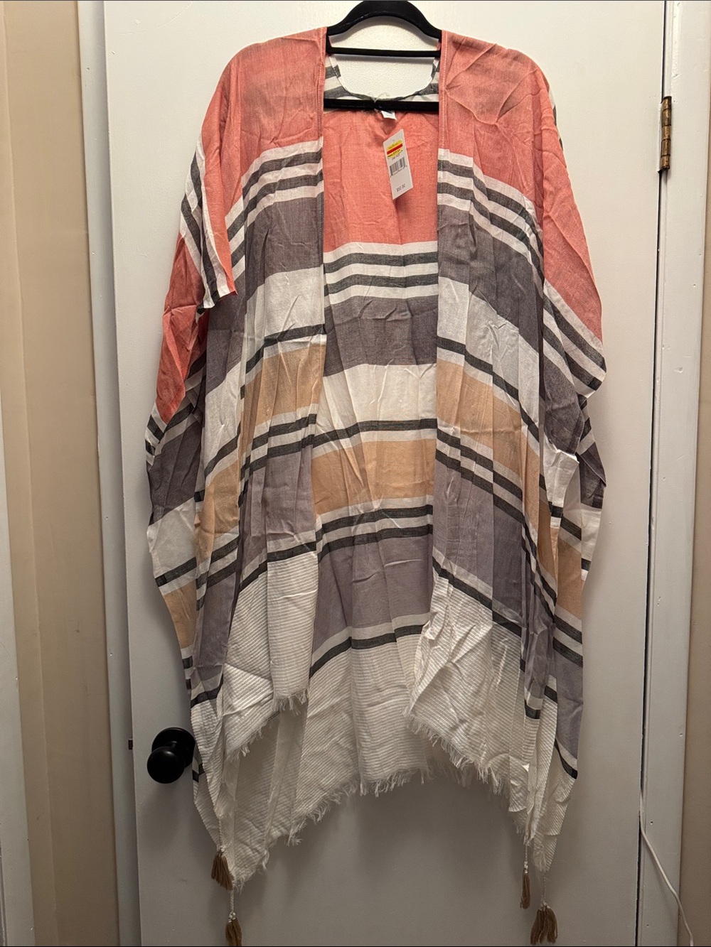 Kohl's Coral, Beige and Gray Striped Swim Coverup Kimono